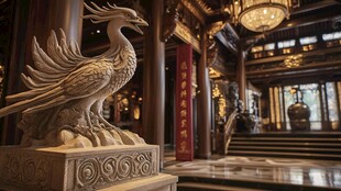 古风宫殿内的精美凤凰雕塑
