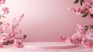 粉色花卉环绕的展示台
