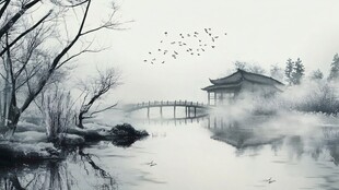 水墨湖畔古亭飞鸟景致