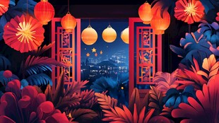 中式夜景 灯笼繁花映窗景
