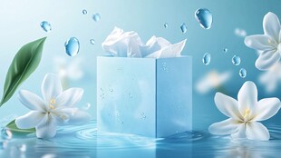 清新蓝盒纸巾与花朵水滴