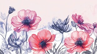 手绘风粉色蓝色花朵插画