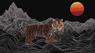 山林猛虎伴落日壮丽景象