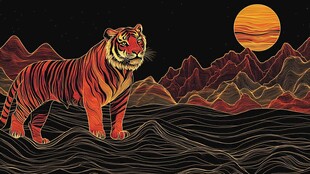 月夜下的猛虎与壮丽山峦