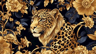 金色豹与繁花华丽图案