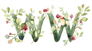 水彩植物装饰字母W