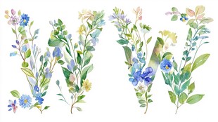 花卉装饰的字母W和V