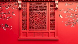 中式红墙花鸟雕花窗景