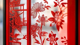 中式红窗花上的花卉图案