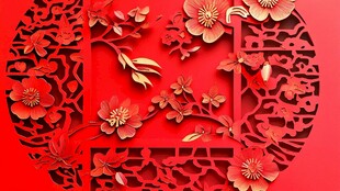 中式红色剪纸风花卉图案