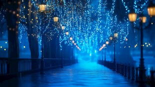 梦幻蓝调夜景灯光林荫道