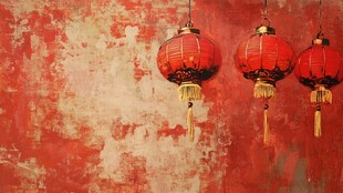 中式红墙挂红灯笼景致