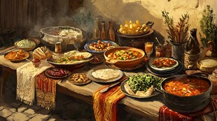 丰盛乡村美食摆满长桌