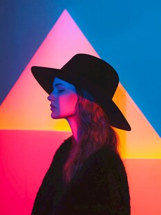 时尚女子于幻彩三角背景前