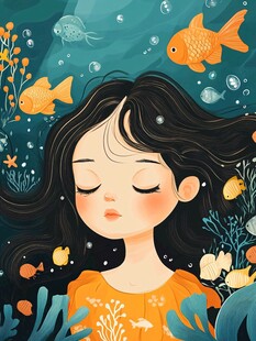 女孩在海底与金鱼共舞