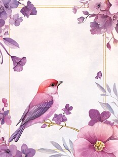 紫花旁的红顶小鸟