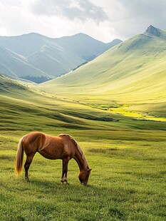 草原上的独马与青山美景