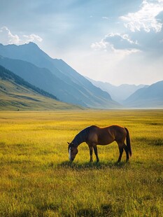 草原骏马悠然吃草之景