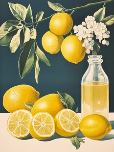 柠檬静物图 清新果与花