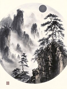 墨韵山水间的月夜之景