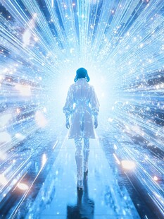 未来女性漫步科技光影隧道