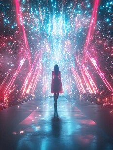 女孩漫步于绚烂光影空间