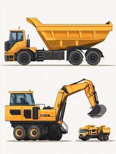 工程车插画 自卸车与挖掘机