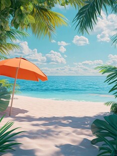 夏日沙滩遮阳伞海景风光