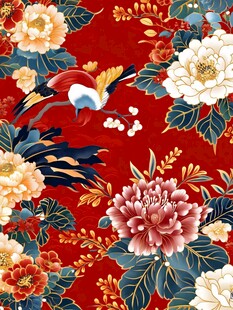中式红底花鸟牡丹纹样