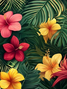 热带花卉与绿叶的绚丽组合