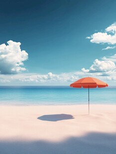 沙滩红伞下的静谧海景