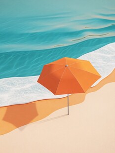 橙色阳伞下的海边风光