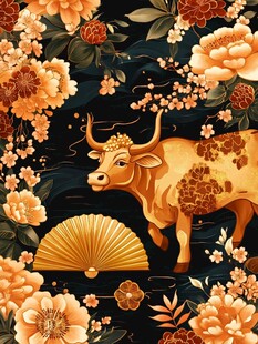 金牛伴花呈祥中式图景