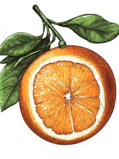 手绘半颗带枝叶的新鲜橙子