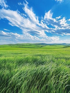 辽阔草原上的蓝天白云绿草