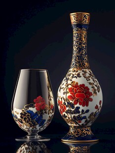 中式花卉纹瓷瓶与玻璃杯