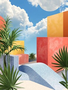 多彩几何空间中的绿植景观