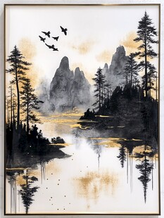 水墨山水间飞鸟伴林影