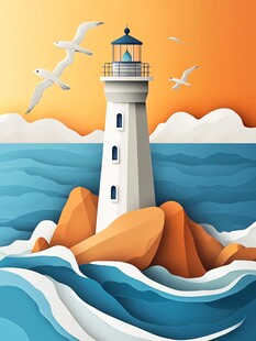 海边灯塔与飞翔海鸥景象