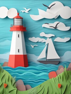 纸艺风格的灯塔海景画面