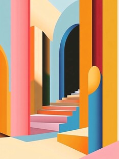 多彩几何建筑中的梦幻阶梯