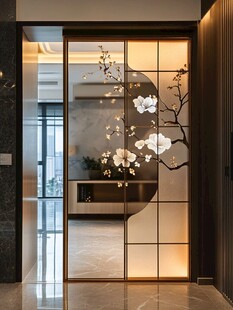 中式花鸟玻璃隔断门设计