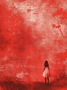 红衣少女独伫血色背景中