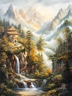 山间古亭伴飞瀑美景