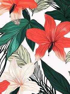 热带花卉绿叶图案设计