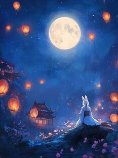 月夜玉兔赏景放天灯
