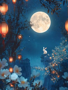 月夜玉兔伴花灯美景