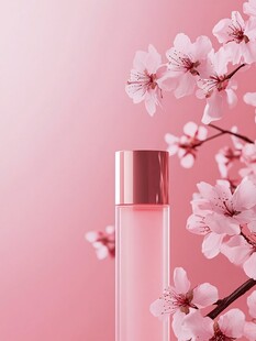 粉色樱花旁的精致香水瓶