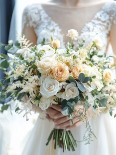 新娘手捧浪漫白黄系花束