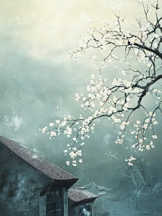 水墨春景中的古朴屋舍